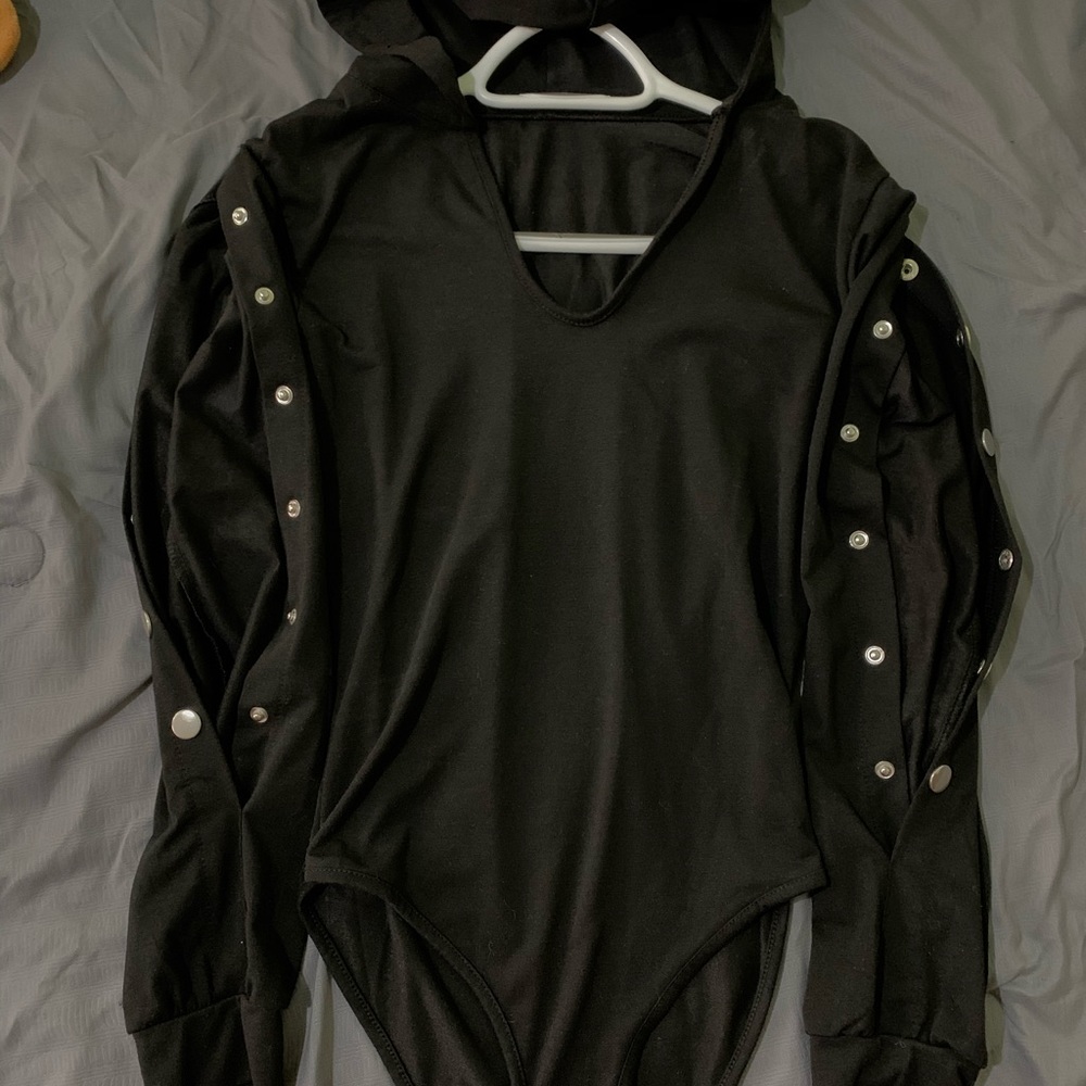 Black bodysuit with side buttons & a hood size M